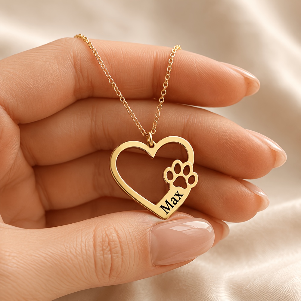 Personalized 18K Gold Plated Pet Name Necklace with Heart Paw Print Pendant